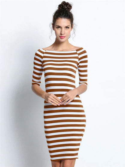 Off Shoulder Stripe Three Quarter Sleeve Bodycon Knee Length Dress