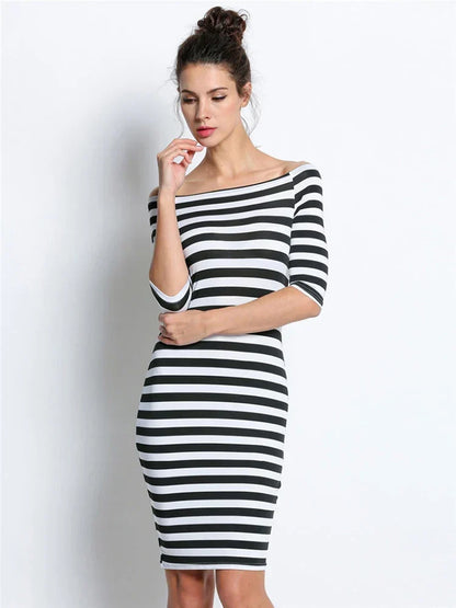 Off Shoulder Stripe Three Quarter Sleeve Bodycon Knee Length Dress