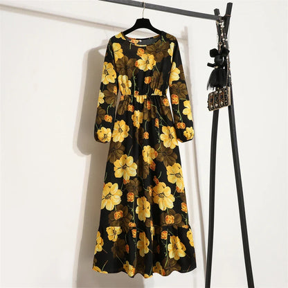 Floral Print Empire Waist Tiered Long Sleeve Maxi Dress