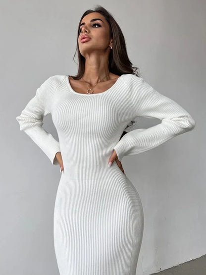 Ribbed Knit Twist Front Sweetheart Cutout Long Sleeve Bodycon Maxi Dress
