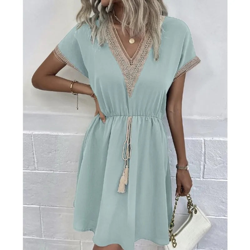 Crochet Trim Drawstring Waist V Neck Boho Mini Dress