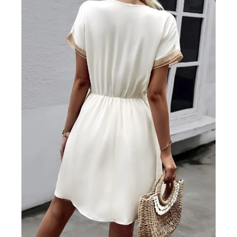 Crochet Trim Drawstring Waist V Neck Boho Mini Dress
