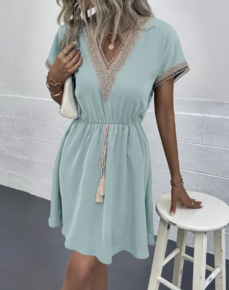 Crochet Trim Drawstring Waist V Neck Boho Mini Dress