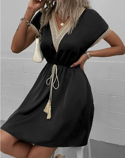 Crochet Trim Drawstring Waist V Neck Boho Mini Dress