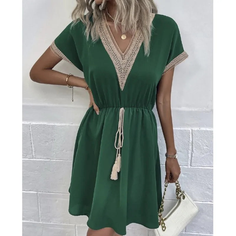 Crochet Trim Deep V-Neck Tassel Waist Cinched Mini Dress