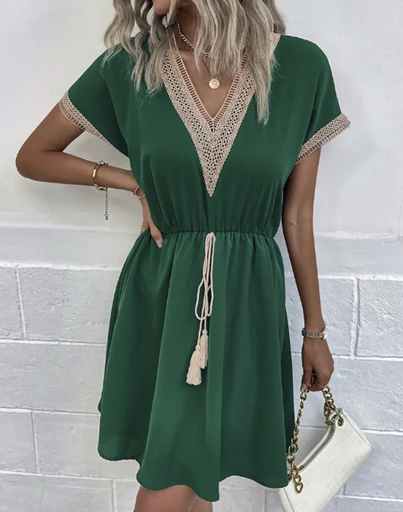 Crochet Trim Drawstring Waist V Neck Boho Mini Dress