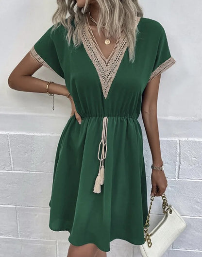 Crochet Trim Drawstring Waist V Neck Boho Mini Dress