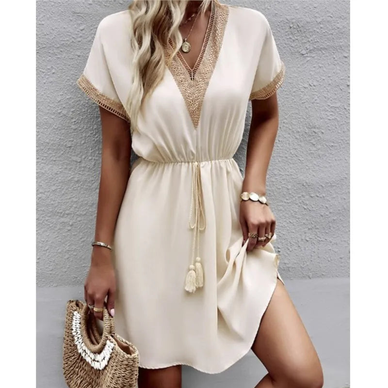Crochet Trim Drawstring Waist V Neck Boho Mini Dress
