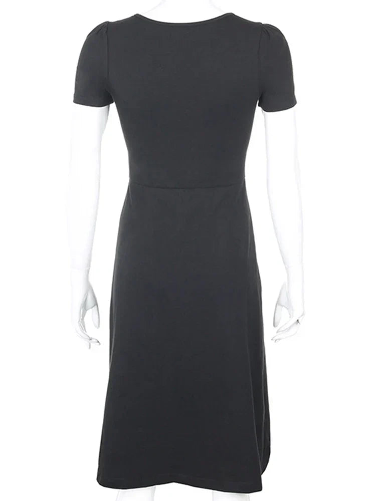 Ruched Sweetheart Cap Sleeve Side Slit Bodycon Midi Dress
