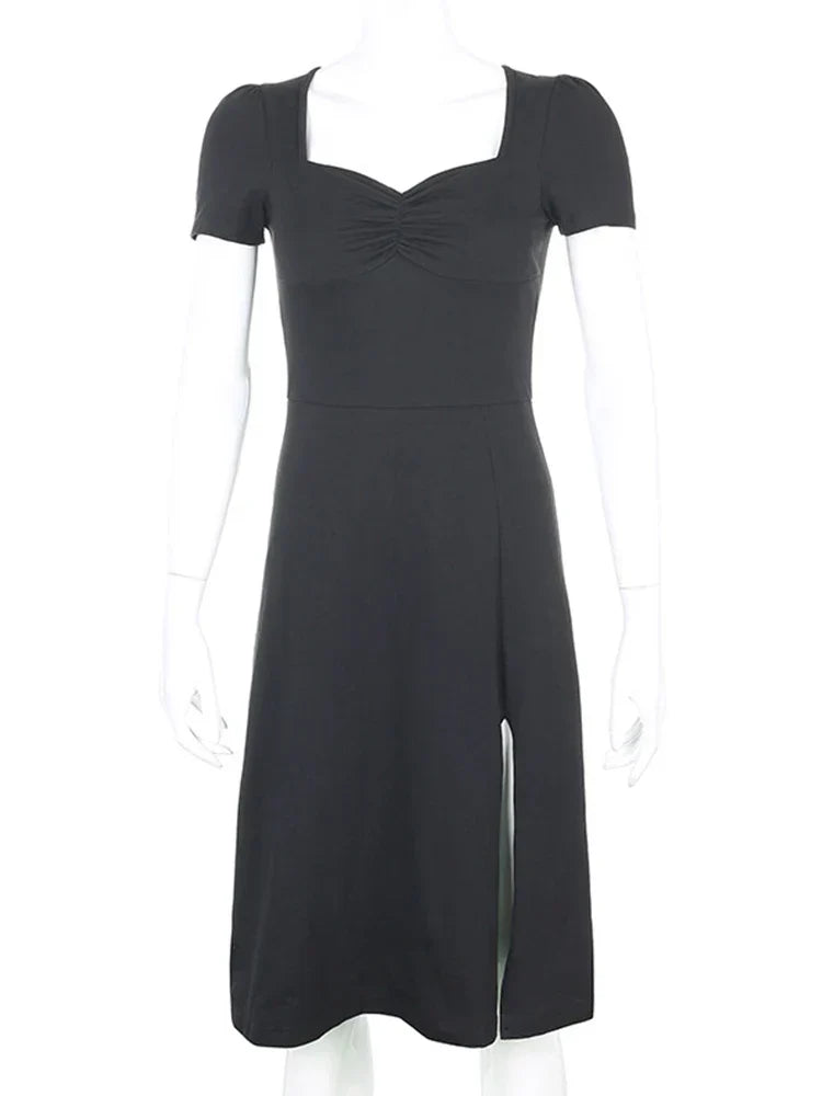 Ruched Sweetheart Cap Sleeve Side Slit Bodycon Midi Dress