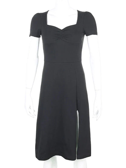Ruched Sweetheart Cap Sleeve Side Slit Bodycon Midi Dress