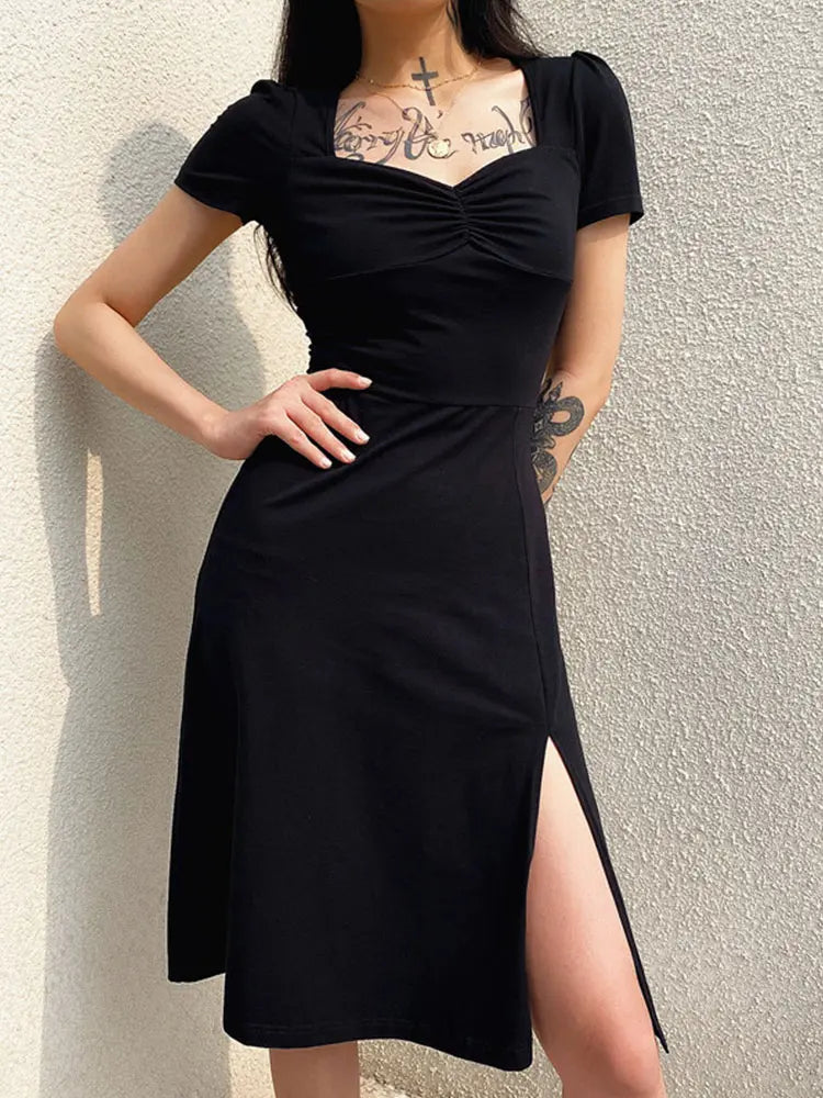 Ruched Sweetheart Cap Sleeve Side Slit Bodycon Midi Dress