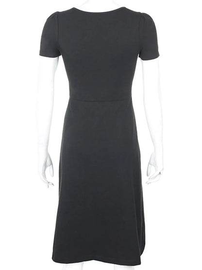 Square Neck Ruched Cap Sleeve High Split Bodycon Midi Dress