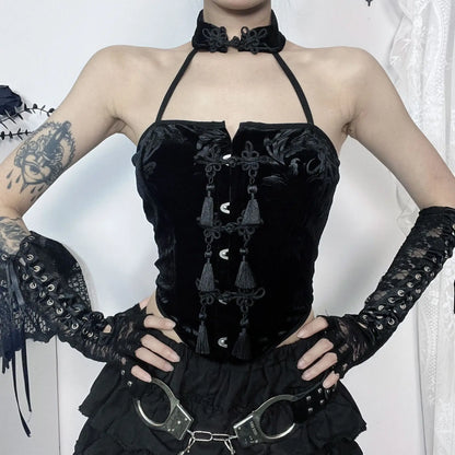 New Arrival Spicy Girl Gothic Style Choker Neck Black Button Crop Top