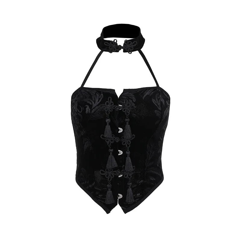 New Arrival Spicy Girl Gothic Style Choker Neck Black Button Crop Top