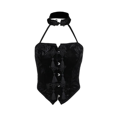 New Arrival Spicy Girl Gothic Style Choker Neck Black Button Crop Top