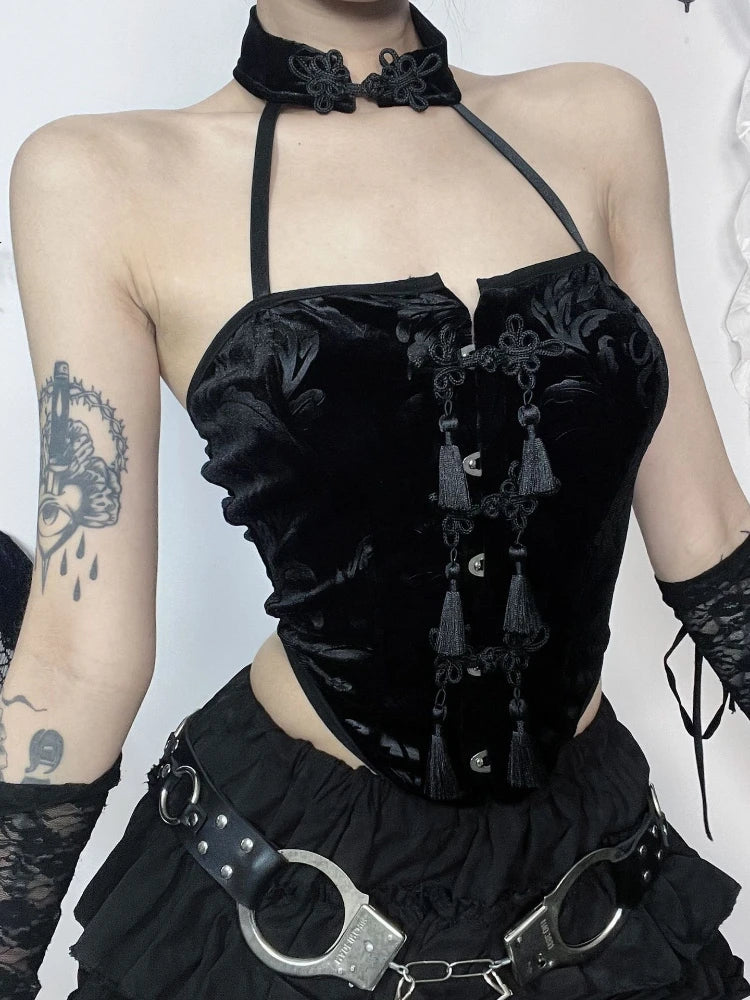 New Arrival Spicy Girl Gothic Style Choker Neck Black Button Crop Top