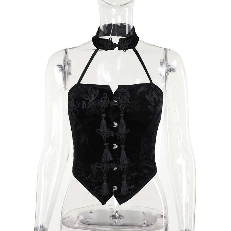 New Arrival Spicy Girl Gothic Style Choker Neck Black Button Crop Top