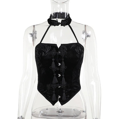 New Arrival Spicy Girl Gothic Style Choker Neck Black Button Crop Top