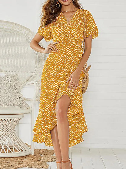 Ditsy Floral Wrap Flutter Sleeve High Low Hem Midi Dress
