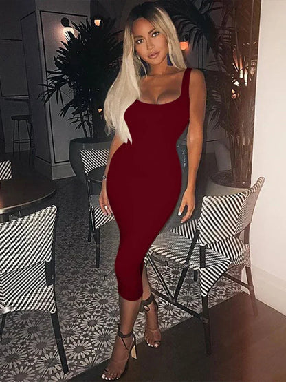 Scoop Neck Wide Strap Sleeveless Column Bodycon Midi Dress