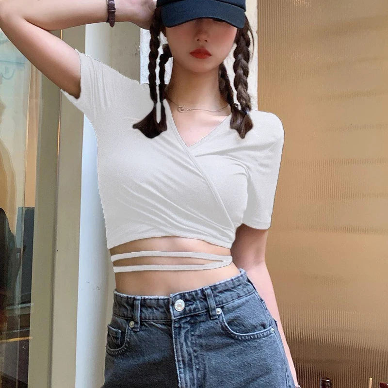 Summer Casual Tee Tops Women T shirts Solid V-neck Sexy Cropped Top Cross Tie-Up Harajuku Basic Korean Street T-shirts mujer Y2k