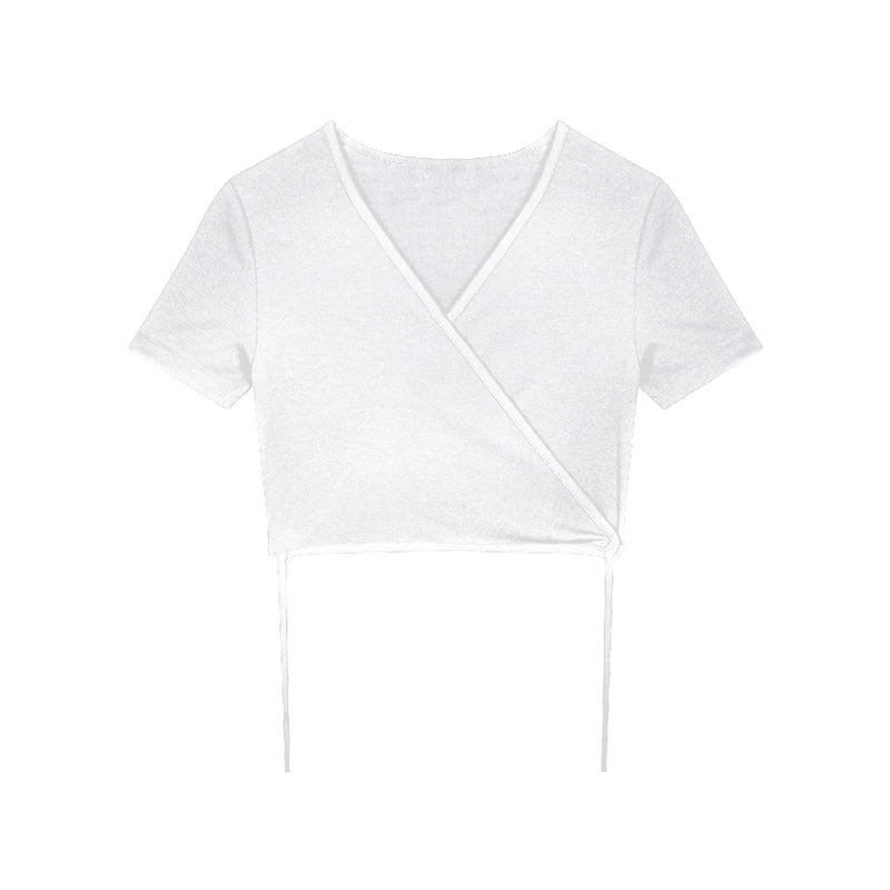 Summer Casual Tee Tops Women T shirts Solid V-neck Sexy Cropped Top Cross Tie-Up Harajuku Basic Korean Street T-shirts mujer Y2k