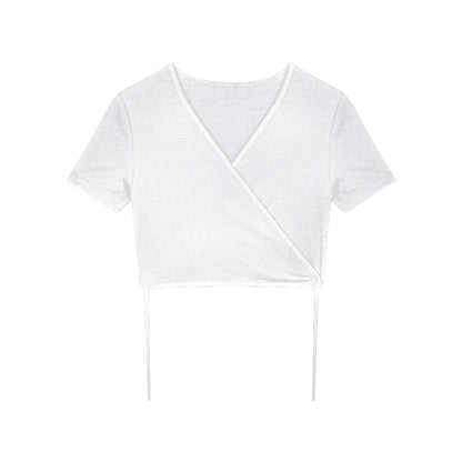 Summer Casual Tee Tops Women T shirts Solid V-neck Sexy Cropped Top Cross Tie-Up Harajuku Basic Korean Street T-shirts mujer Y2k