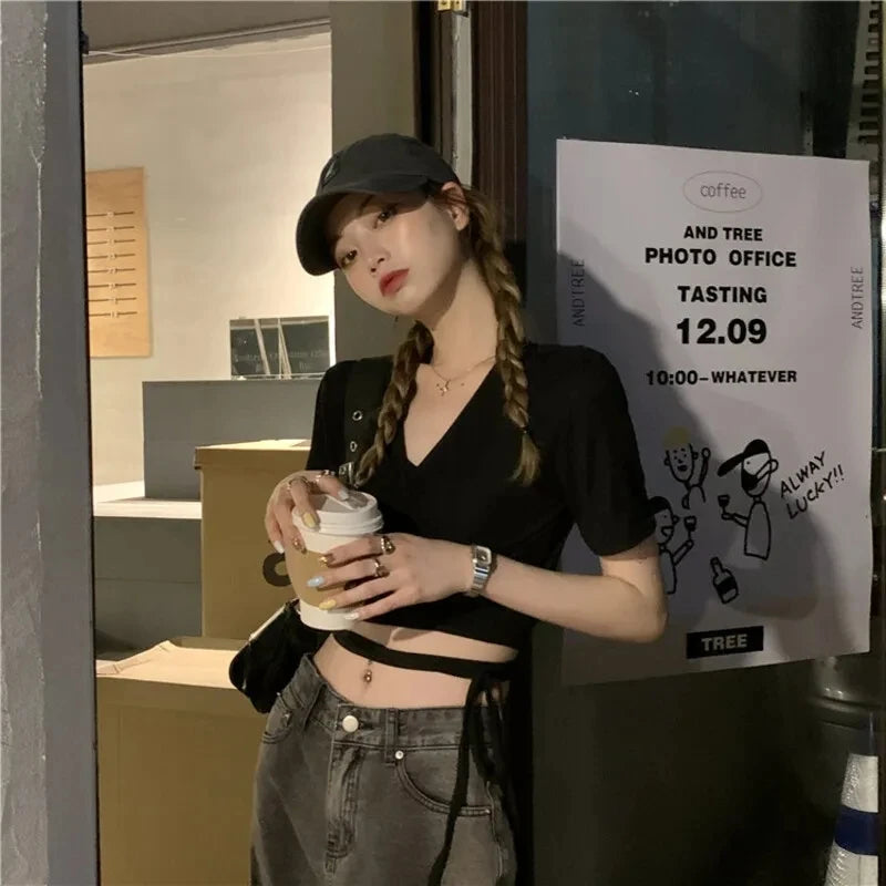 Summer Casual Tee Tops Women T shirts Solid V-neck Sexy Cropped Top Cross Tie-Up Harajuku Basic Korean Street T-shirts mujer Y2k