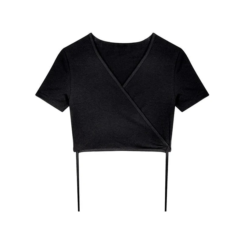 Summer Casual Tee Tops Women T shirts Solid V-neck Sexy Cropped Top Cross Tie-Up Harajuku Basic Korean Street T-shirts mujer Y2k