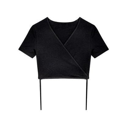Summer Casual Tee Tops Women T shirts Solid V-neck Sexy Cropped Top Cross Tie-Up Harajuku Basic Korean Street T-shirts mujer Y2k
