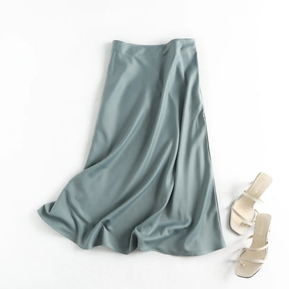 Summer Faldas Mujer Moda 2025 Midi Skirts Womens England Office Lady Satin High Waist Simple Elegant Long Skirt Women