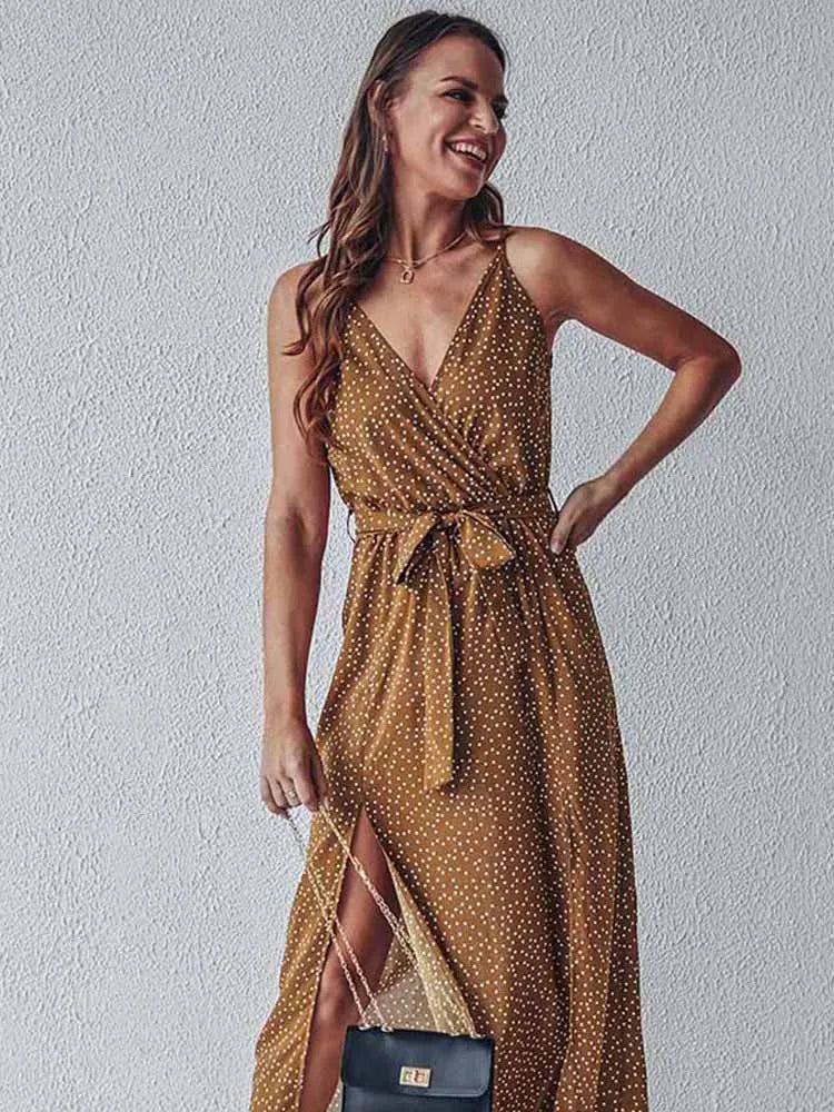 Polka Dot Wrap V-Neck Spaghetti Strap High Split Maxi Dress