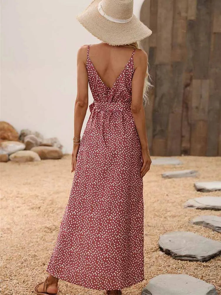 Polka Dot Wrap V-Neck Spaghetti Strap High Split Maxi Dress