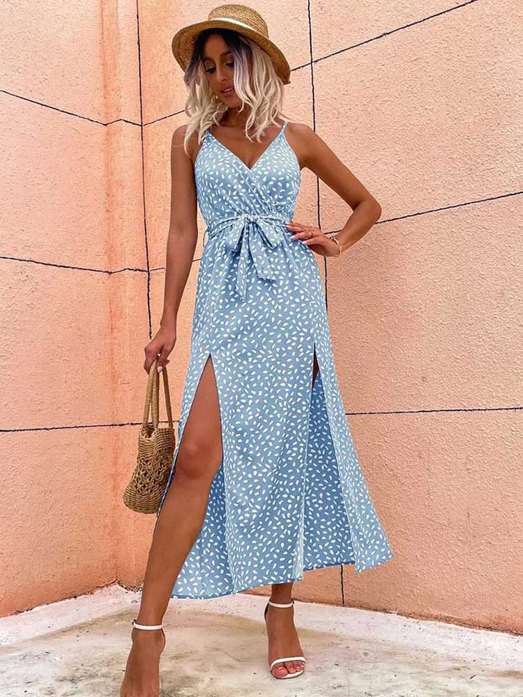 Polka Dot Wrap V-Neck Spaghetti Strap High Split Maxi Dress