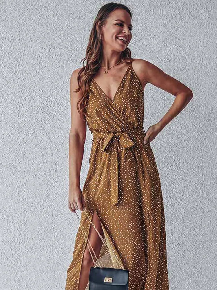 Polka Dot Wrap V-Neck Spaghetti Strap High Split Maxi Dress