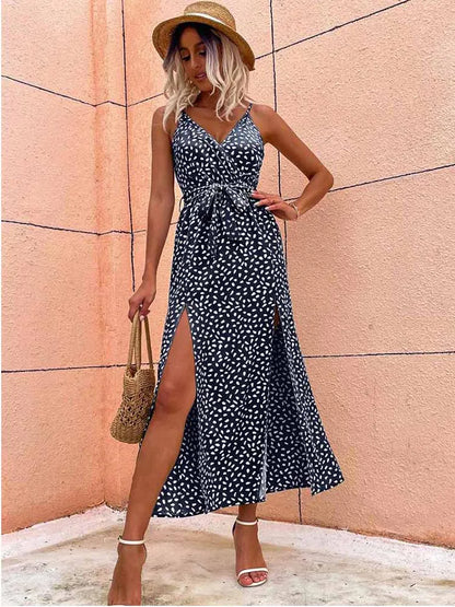Polka Dot Deep V Wrap Tie Waist Thigh Slit Maxi Dress