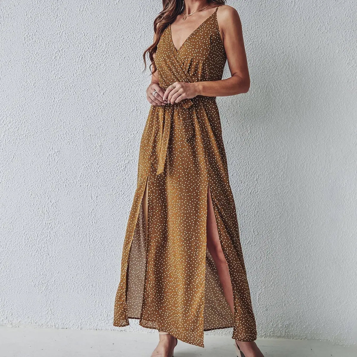 Ditsy Print Wrap V-Neck Tie Waist High Slit Maxi Dress