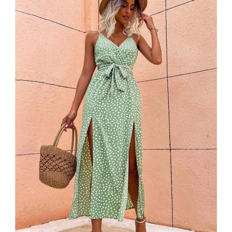 Ditsy Print Wrap V-Neck Tie Waist High Slit Maxi Dress