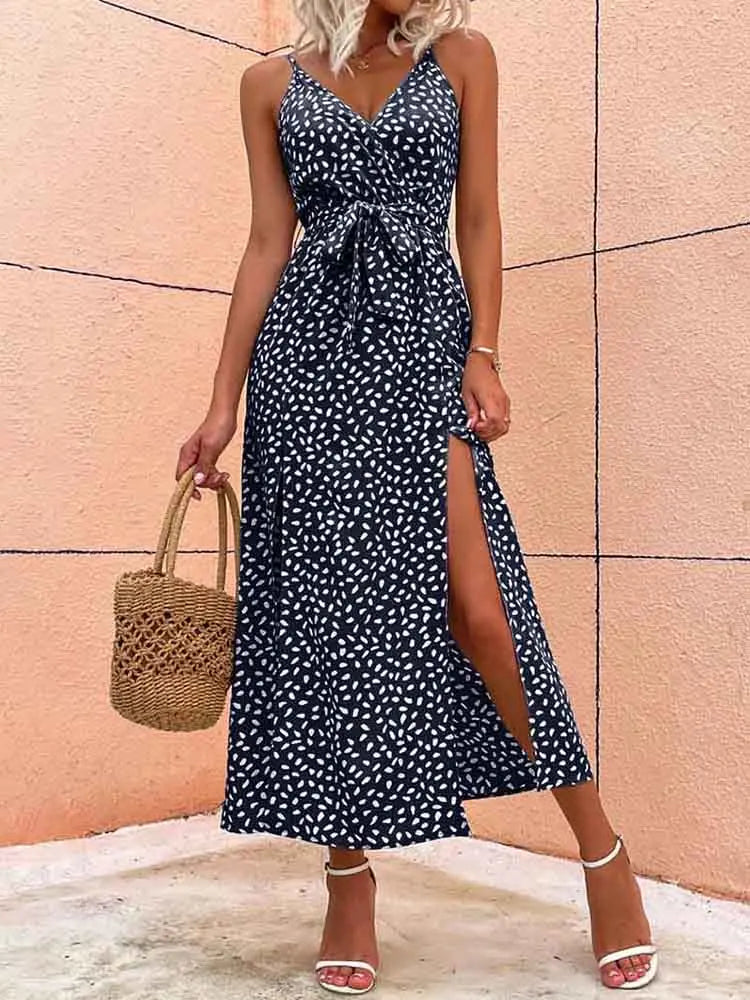 Polka Dot Wrap V-Neck Spaghetti Strap High Split Maxi Dress