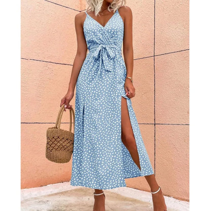 Ditsy Print Wrap V-Neck Tie Waist High Slit Maxi Dress
