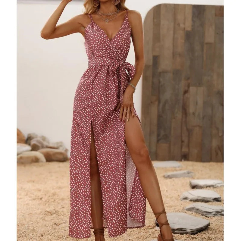Ditsy Print Wrap V-Neck Tie Waist High Slit Maxi Dress