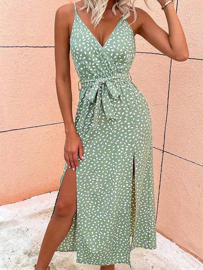 Polka Dot Wrap V-Neck Spaghetti Strap High Split Maxi Dress