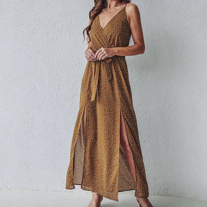 Speckled Print Spaghetti Strap Wrap Tie-Waist Side Slit Midi Dress