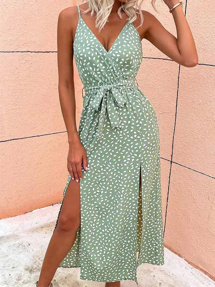 Polka Dot Wrap V-Neck Spaghetti Strap High Split Maxi Dress