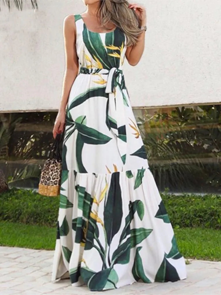 Summer Flower Print Sleeveless Long Dresses Women Elegant Casual Vacation Style Dress O Neck High Waist Leace-up Maxi Vestidos