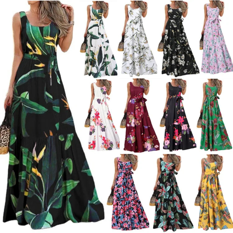 Summer Flower Print Sleeveless Long Dresses Women Elegant Casual Vacation Style Dress O Neck High Waist Leace-up Maxi Vestidos