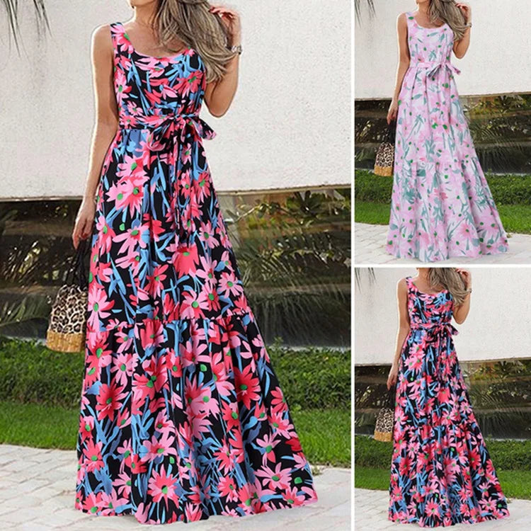 Summer Flower Print Sleeveless Long Dresses Women Elegant Casual Vacation Style Dress O Neck High Waist Leace-up Maxi Vestidos