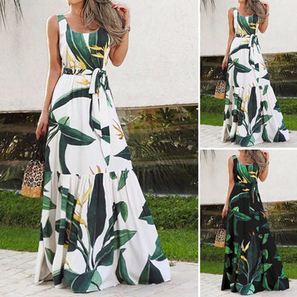Summer Flower Print Sleeveless Long Dresses Women Elegant Casual Vacation Style Dress O Neck High Waist Leace-up Maxi Vestidos