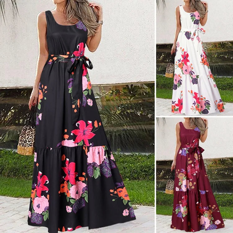 Summer Flower Print Sleeveless Long Dresses Women Elegant Casual Vacation Style Dress O Neck High Waist Leace-up Maxi Vestidos